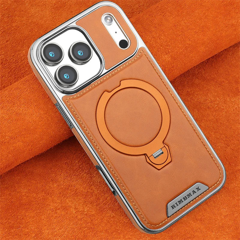 Suporte giratório magnético capa de telefone de couro de luxo para iphone 11 12 13 14 15 16 17 pro max plus carregamento sem fio capa à prova de choque