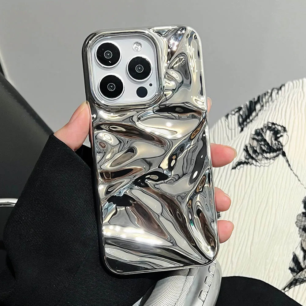 Luxo Eletroplaca Prateado 3D Ruga Capa De Telefone Para Iphone 17 16 15 14 13 11 12 Pro Max 17Air Roxo Água Ripple Capa Macia