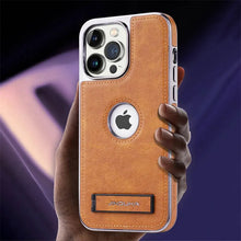 Luxo chapeamento pára-choques de couro dobrável kickstand caso telefone para iphone 16 15 11 12 13 14 pro max plus fino metal titular capa
