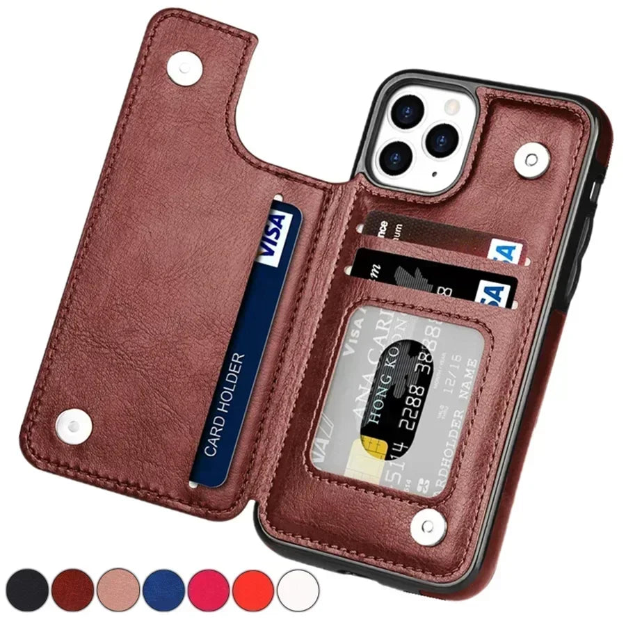 Carteira botão duplo com slot para cartão suporte flip capa de couro para iphone 16e 16 pro max 15 plus 14 13 12 mini 11 se3 se2 x xr 8 7