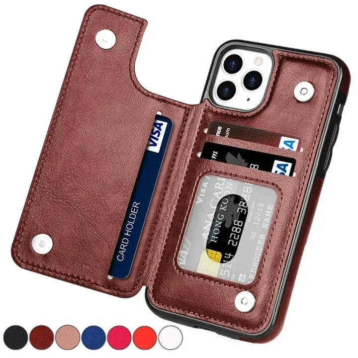 Carteira botão duplo com slot para cartão suporte flip capa de couro para iphone 16e 16 pro max 15 plus 14 13 12 mini 11 se3 se2 x xr 8 7