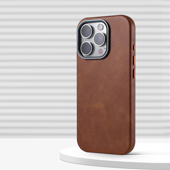 Capa Magnética de Couro Retrô de Luxo para Negócios para iPhone 18 17 Pro Max 16 Plus 15 14 13 com Lente de Liga MagSafe e Carregamento Sem Fio