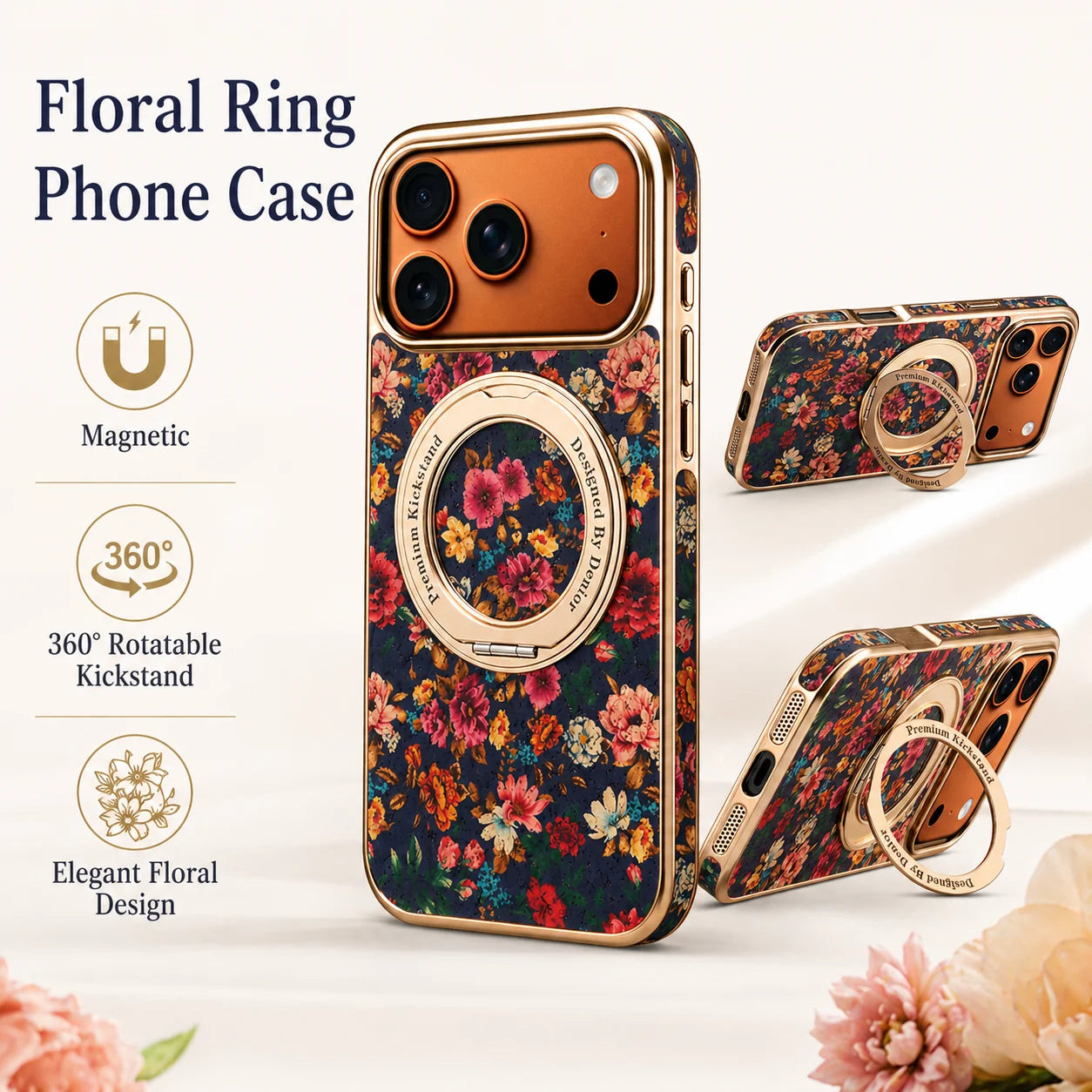 Denior para iPhone 17/16/15/14/13 Plus/Pro/Pro Max Flower Dream Totem Strap ajustável 360 °   Capa de telefone de cortiça com suporte de anel giratório