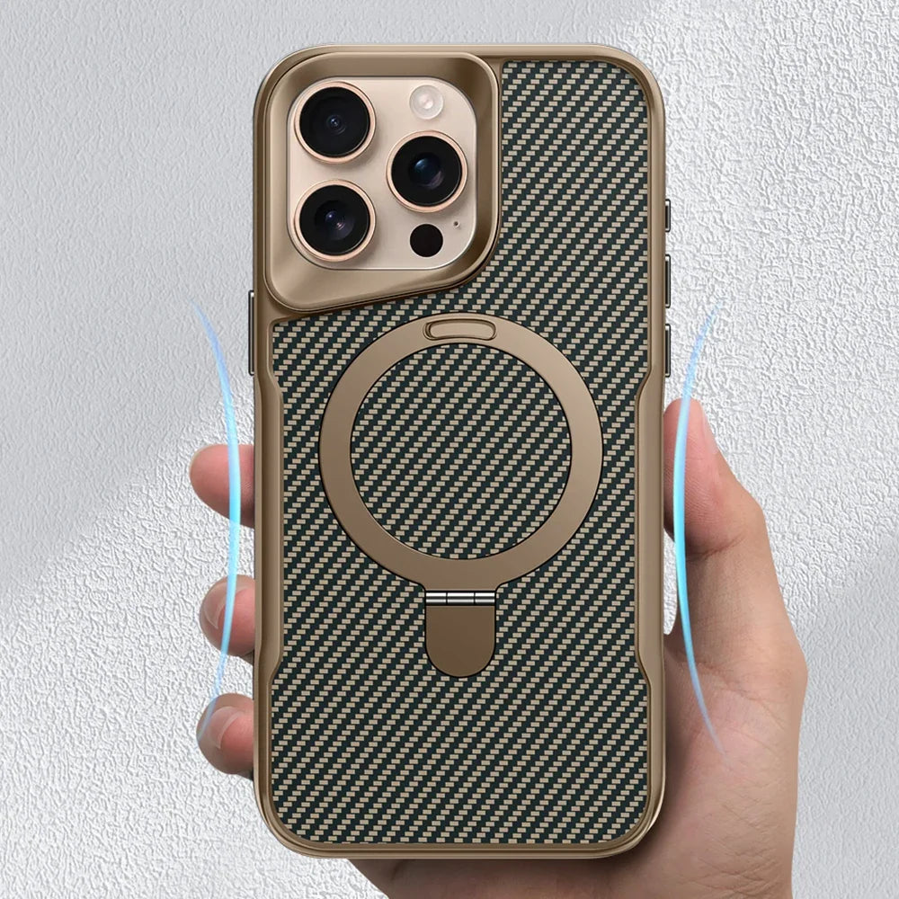 Capa de Telefone em Fibra de Carbono com Suporte Metálico de Titânio para iPhone 16 15 14 13 12 Pro Max, Capa Dura com Carregamento MagSafe